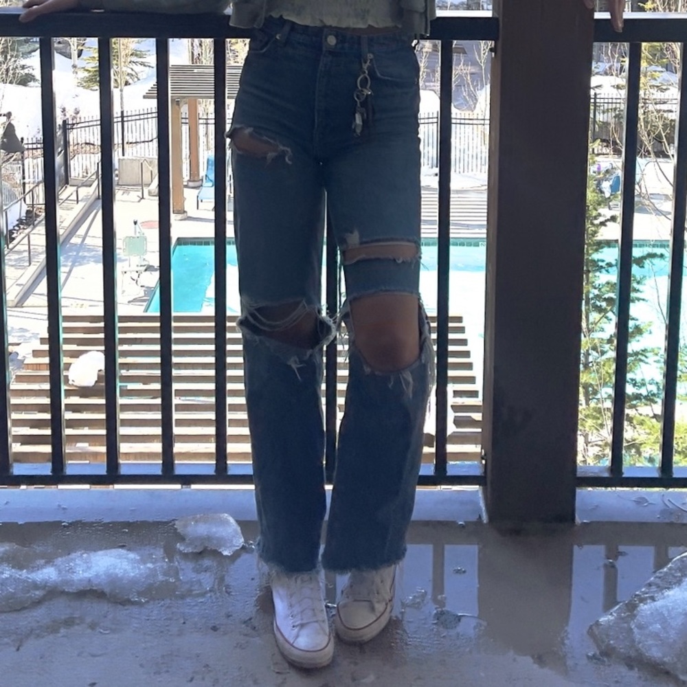 Zara High Rise Wide Leg Distressed Jeans Size 6